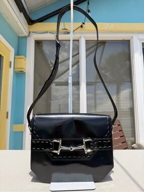 Celine Vintage Black Leather Besace Mors Cuir Box Shoulder Bag